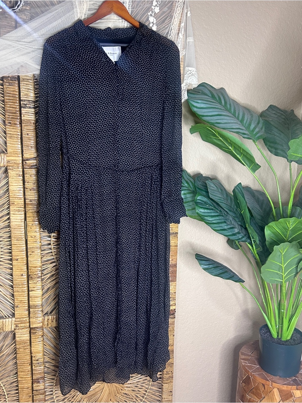 LK Bennet London Black Polka Dot Long Sleeve Midi Dress silk size 4